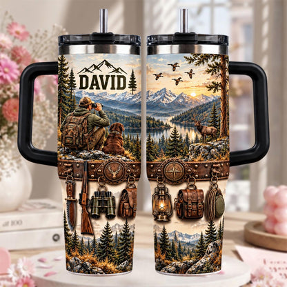 Personalized Hunting Tumbler 40oz, Custom Name Cup With Handle, Mountain Hunting Tumbler, Hunter Gift