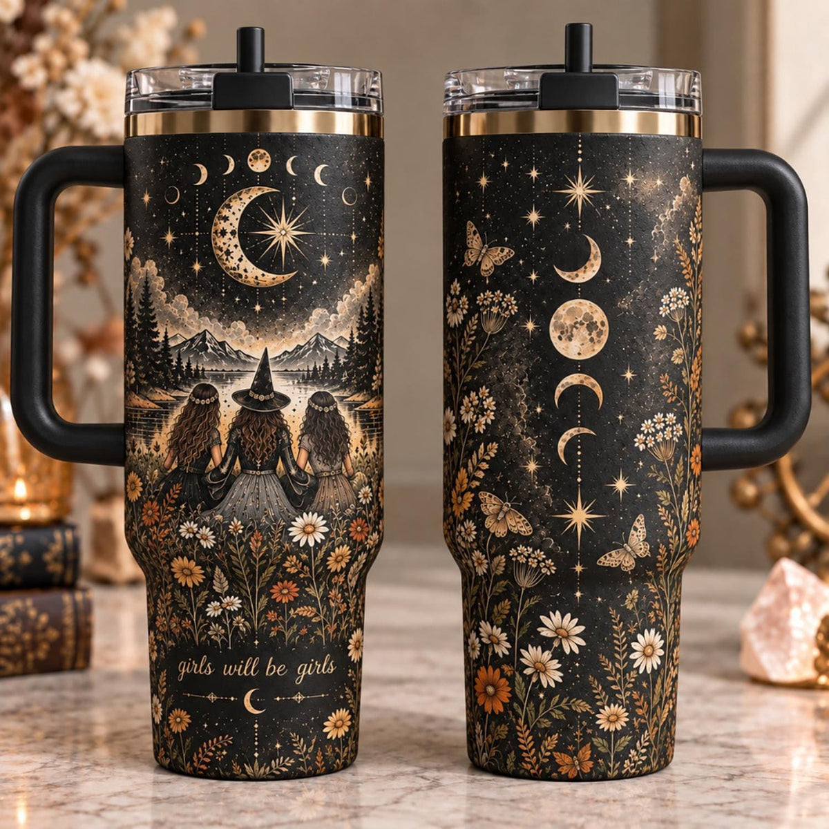 Witch Girls Will Be Girls Tumbler 40oz, Halloween Tumbler Cup, Moon Phase Travel Tumbler, Witchy Gothic Drinkware