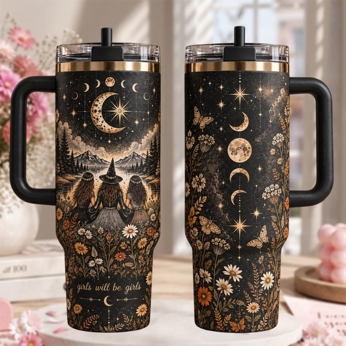 Witch Girls Will Be Girls Tumbler 40oz, Halloween Tumbler Cup, Moon Phase Travel Tumbler, Witchy Gothic Drinkware
