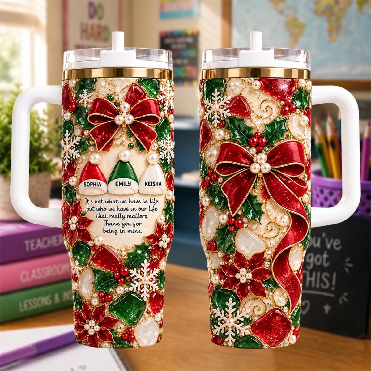 Christmas Tumbler 40oz With Handle, Personalized Christmas Cup, Custom Name Holiday Tumbler, Merry Christmas Travel Cup