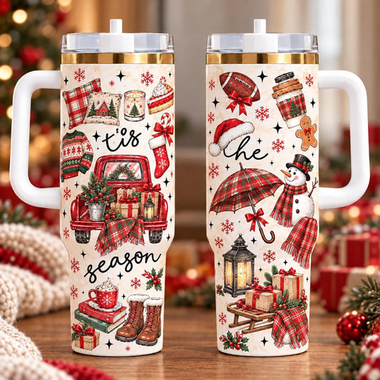 Personalized Tis The Season Christmas Tumbler 40oz, Plaid Holiday Tumbler, Winter Travel Cup, Christmas Gift For Her