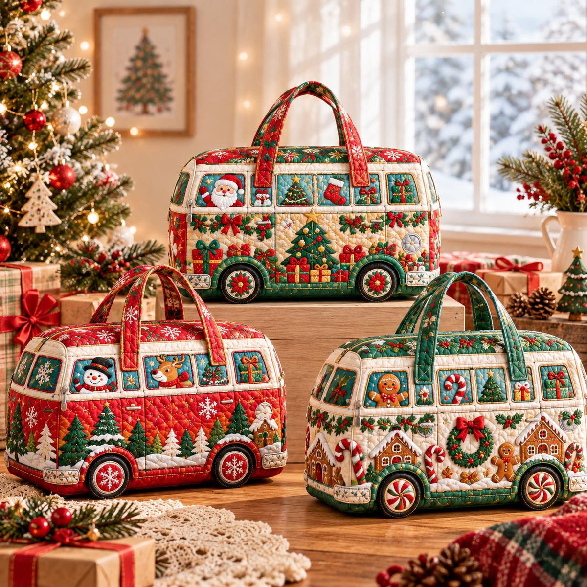 Christmas Bus Travel Bag, Quilted Holiday Weekender Tote, Festive Carryall, Teacher Gift, Family Travel, Personalized Name, Gift 2026