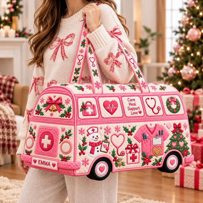 Personalized Pink Nurse Christmas Van Bag, Quilted Medical Duffle, Stethoscope Snowman Design, Holiday Travel Tote, Nurse Gift 2026, Xmas